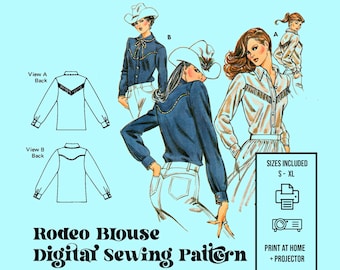 Ladies Long Sleeve Vintage Digital Sewing Pattern //Rodeo Western Cowgirl Top  // Collar Top  Fringe // Woven Top Sewing Pattern // 1098