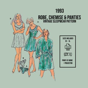 Cartamodello per lingerie vintage del 1993 / Vestaglia, sottoveste e mutandine / Dettagli in pizzo / Cartamodello per pigiama vintage