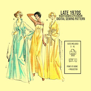 Late 1970s Nightgown & Peignoir Sewing Pattern | Empire Waist | Full-Length Lingerie Set | Vintage PDF | 721