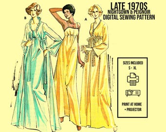 Late 1970s Nightgown & Peignoir Sewing Pattern | Empire Waist | Full-Length Lingerie Set | Vintage PDF | 721