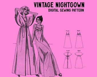 Vintage Nightgown and Robe Digital Sewing Pattern //  NylonTricot Knit Fabric // Vintage Sewing Digital Sewing Pattern // Kwik Sew 876