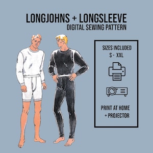 May include: Digital sewing pattern for long johns and a long-sleeve shirt. The pattern includes sizes S-XXL and can be printed at home or projected.
