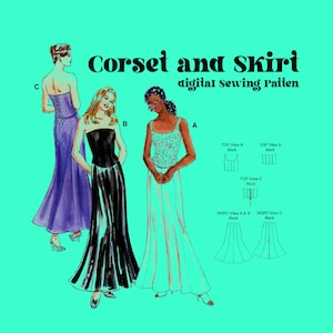 May include: A digital sewing pattern for a corset and skirt. The pattern includes three different views of the corset and skirt, with each view showing the back of the garment. The text "Corset and Skirt digital sewing pattern" is printed at the top of the image.