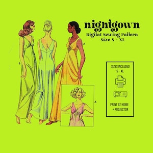 1970s Nighgown Digital Sewing Pattern // Gown Slip NylonTricot Knit Fabric // Vintage Sewing Digital Sewing Pattern // 875