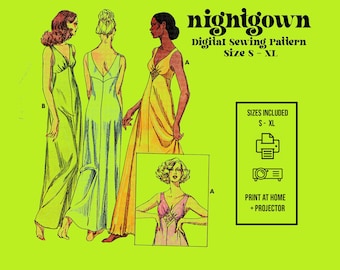 1970s Nighgown Digital Sewing Pattern // Gown Slip NylonTricot Knit Fabric // Vintage Sewing Digital Sewing Pattern // 875