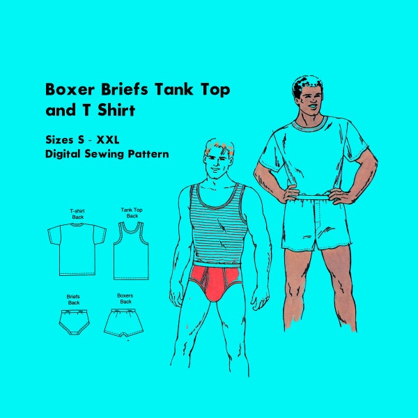 Mens Sewing Pattern // Men's Boxers, Briefs, Tank Top and T-shirt // Pattern Designed for stretch knits with 20% stretch only.