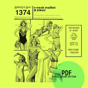 Può includere: Un cartamodello digitale per un maillot a collo a V e un bikini. Il cartamodello include le taglie dal 30 al 46 di seno. Il cartamodello è disponibile come download PDF e può essere stampato a casa o proiettato.