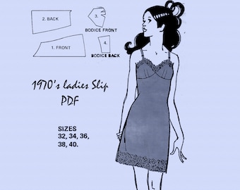PDF // 1970's Ladies Slip // Sizes 32 , 34, 36, 38, 40 // Sew Easy Lingerie // Sew Lovely // Vintage Slip //  Digitized Sewing Pattern