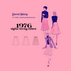 70s Gored Skirt Digital Sewing Pattern // use 25 % stretch fabric //Stretch and Sew 425 //  Hip Sizes : 30 - 48 included