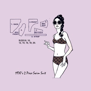 PDF // 1970&#39;s 2 Piece Swimsuit // Sizes 8 ,10, 12, 14, 16, 18, 20  // Sew Easy Lingerie // Sew Lovely  //  Digitized Sewing Pattern