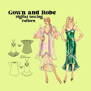 Vintage Lingerie NightGown set Digital Sewing Pattern //Robe Dress Gown // 90s vintage sewing pattern // Kwik Sew 2047