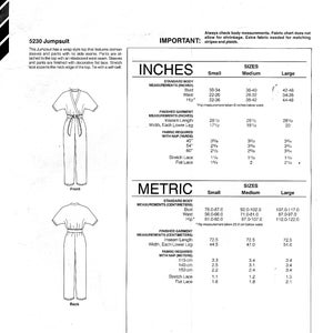 May include: A sewing pattern for a jumpsuit with a wrap style top and pants with no side seams. The pattern includes instructions for sizes small, medium, and large. The pattern is for a knit fabric and includes measurements in inches and centimeters.