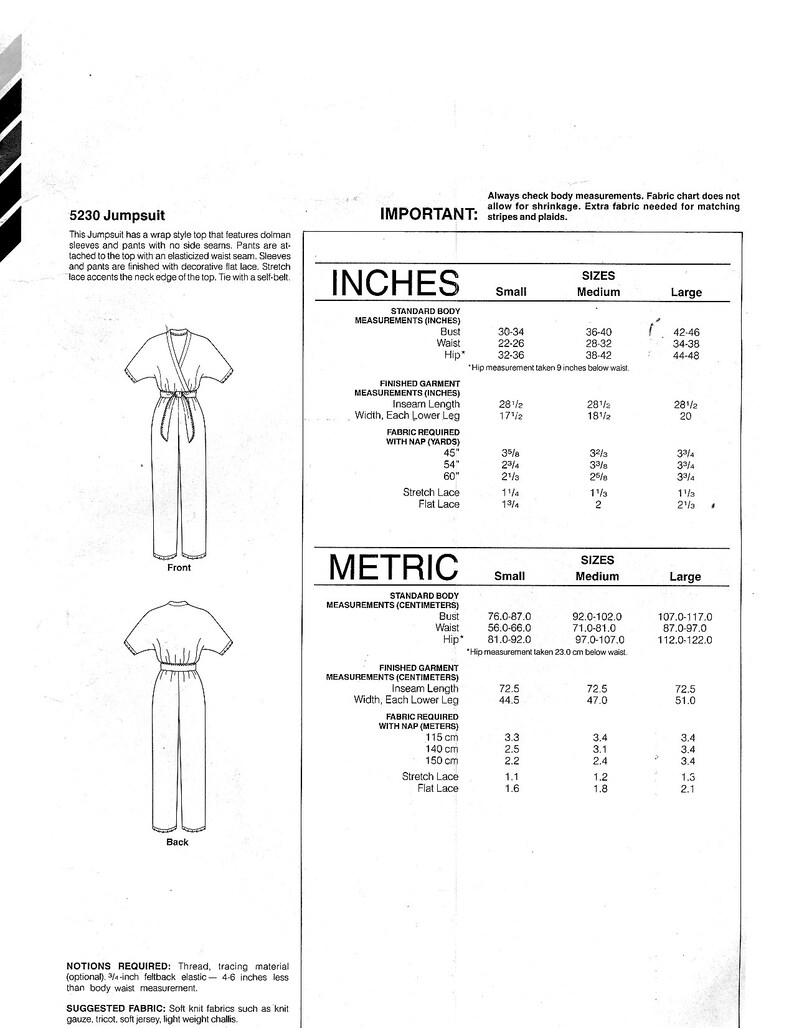 May include: A sewing pattern for a jumpsuit with a wrap style top and pants with no side seams. The pattern includes instructions for sizes small, medium, and large. The pattern is for a knit fabric and includes measurements in inches and centimeters.