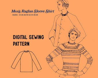 Men Raglan Sleeve Shirt and Cardigan DIgital Sewing Pattern // 1970s Mens Sewing Pattern // Stretch and Sew 1710 // Chest Size 34 - 48