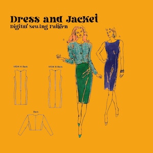 Puede incluir: Un patrón de costura digital para un vestido y una chaqueta. El patrón incluye dos vistas del vestido, una con un corpiño sin mangas y la otra con una chaqueta. El vestido se muestra en verde y la chaqueta en un patrón de cuadros azul y blanco. El texto "Dress and Jacket Digital Sewing Pattern" está en la parte superior de la imagen.