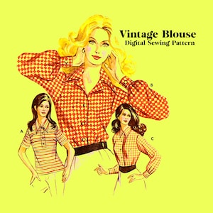 Könnte beinhalten: Vintage-Blusen-Digitales Schnittmuster. Drei Frauen sind abgebildet, die verschiedene Versionen der Bluse tragen. Die Frau in der Mitte trägt eine rot-weiß karierte Bluse mit langen Ärmeln. Die Frau links trägt eine gestreifte Bluse mit kurzen Ärmeln. Die Frau rechts trägt eine rot-weiß karierte Bluse mit langen Ärmeln.