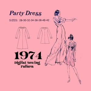 70s Party Dress Digital Sewing Pattern // use 50-70 % stretch fabric //Stretch and Sew 1525 //  Bust Sizes 28-42 included