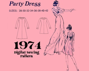 70s Party Dress Digital Sewing Pattern // use 50-70 % stretch fabric //Stretch and Sew 1525 //  Bust Sizes 28-42 included