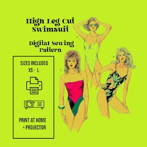 High Leg Cut Bikini Schnittmuster // Digitales Schnittmuster // Retro Badeanzug // Größen XS - L + Print at home Projector // 1524
