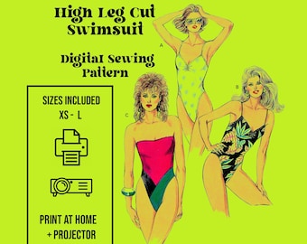 High Leg Cut Bikini Sewing Pattern // Digital Sewing Pattern // Retro Swimsuit //  Sizes XS - L Included + Print at home Projector // 1524