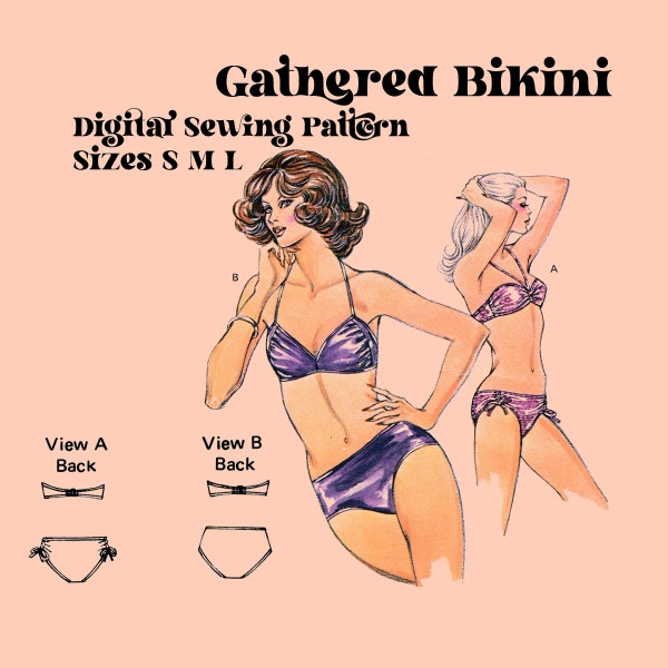 Gathered Bikini Suit Sewing   // 1979 2 Piece Swimsuit // Sizes Small - Large // Kwik Sew 991 // Vintage Sewing Pattern Digital Download