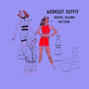 May include: Workout outfit digital sewing pattern.  The pattern includes a cropped jacket, shorts, and a sports bra.  View A shows the back of the jacket and the back of the sports bra.