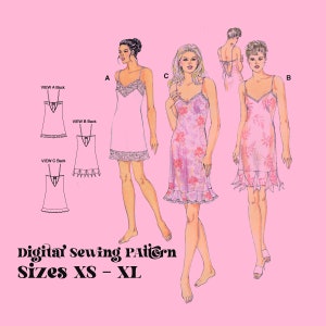 PDF // Gown Silk Sewing//  Lingerie Ladies Slip // Sizes XS - XL // Nylon Tricot // Vintage Slip //  Digitized Sewing Pattern