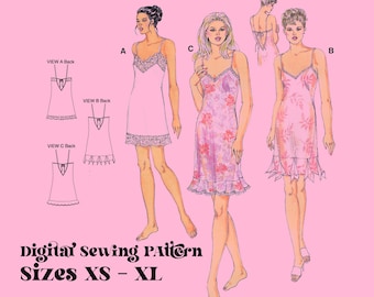 PDF // Gown Silk Sewing//  Lingerie Ladies Slip // Sizes XS - XL // Nylon Tricot // Vintage Slip //  Digitized Sewing Pattern