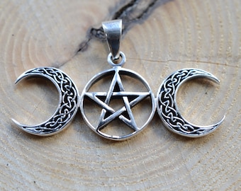 Colgante de lunas celtas con pentagrama en plata de ley 925