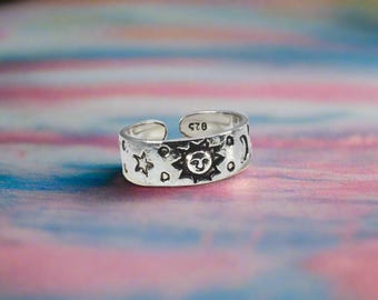 Sterling  Silver  925  Adjustable  Sun  Moon  And  Stars  Toe  Ring