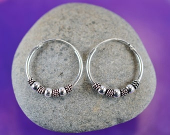 Pair  Of  Sterling  Silver  925  Bali  Balls  Hoop  Sleeper  Earrings     ( 12,14,16,18,20,25,30 MM Diameter Sizes)