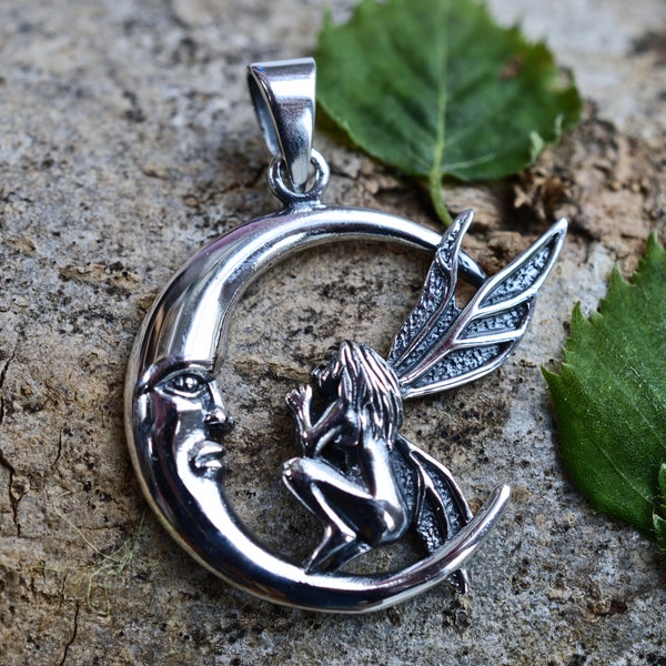 Fairy on Moon Amulet .925 Sterling Silver Charm Pendant