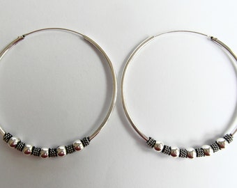Pair  Of  Sterling  Silver  Bali  Ball  Hoop  Sleeper  Earrings       (  35 , 45  MM  Sizes )