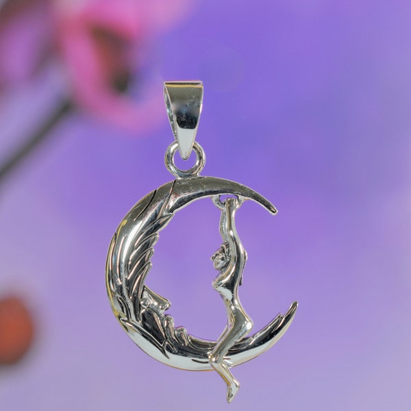 Sterling  Silver  925  Swinging  Lady  In  Quarter  Moon  Pendant