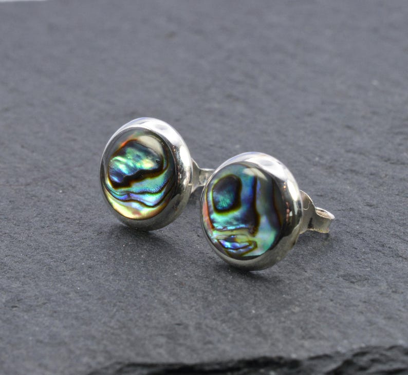 Pair Of Sterling Silver 925 Abalone Round Ear Stud Earrings In Gift Box image 2