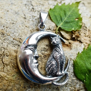 Sterling  Silver  925  Cat  In  The  Moon  Pendant