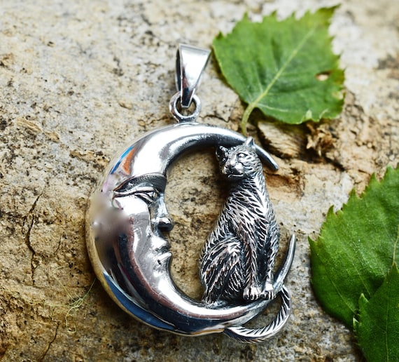 Sterling Silver 925 Cat in the Moon Pendant Etsy