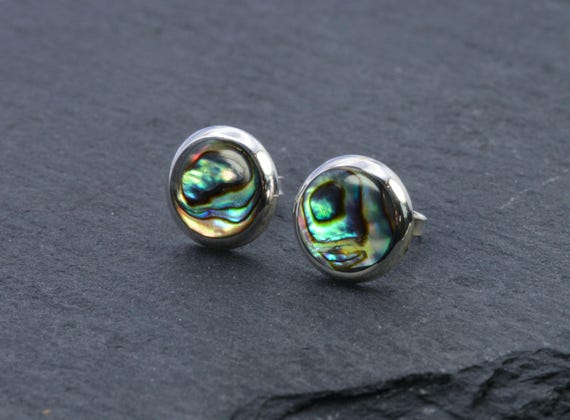 Pair  Of  Sterling  Silver  925  Abalone  Round  Ear  Stud  Earrings  In  Gift  Box