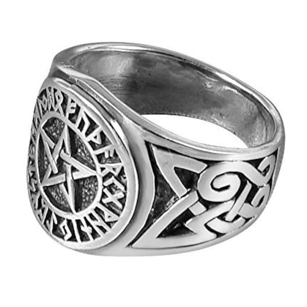 Sterling Silver 925 Pentagram In Rune Circle Ring