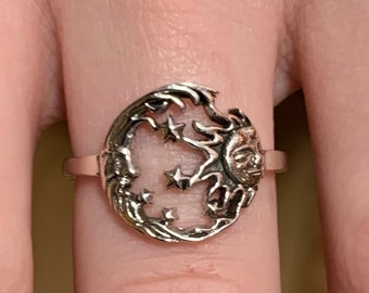 Sterling  Silver  925  Sun  And  Moon  And  Stars  Finger  Or  Thumb  Ring