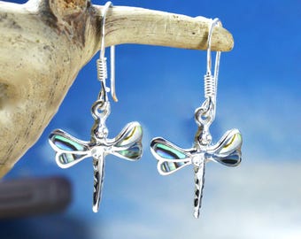 Pair  Of  Sterling  Siver  925  Abalone  Dragonfly  Dangly  Earrings  In  Gift  Box