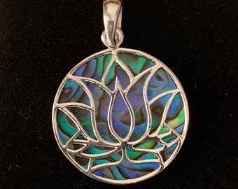 Sterling  Silver  925  Abalone  Lotus  Flower  Pendant  In  Gift  Box