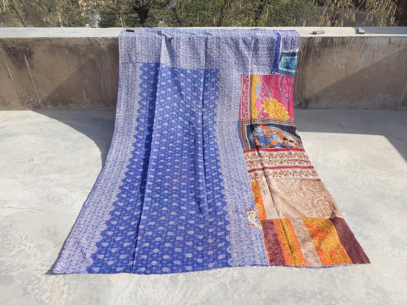 Kantha Quilt BedSpread Handmade Indian Throw Vintage Gudari Bed Sheet Home Decor