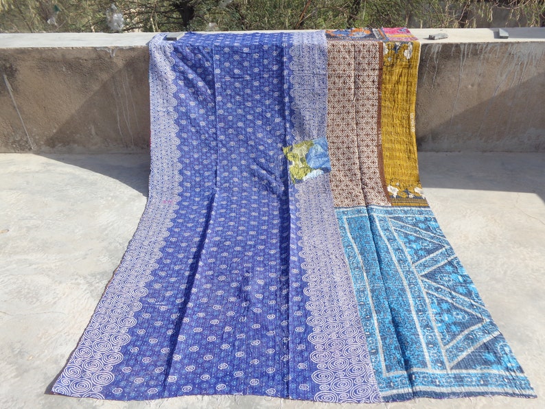 Kantha Quilt BedSpread Handmade Indian Throw Vintage Gudari Bed Sheet Home Decor