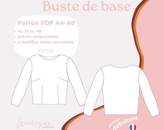 Patrón PDF A4/A0: busto básico. Tallas 32 a 46. Patrón básico para modificar y crear cualquier modelo. Patrón PDF imprimible.