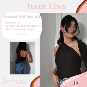 May include: A dark brown one-shoulder top with a long sleeve. The image includes text that says "haut Lisa", "Patron PDF A4-A0", and "niveau débutant". A smaller image shows the back of the top. The text is in French.