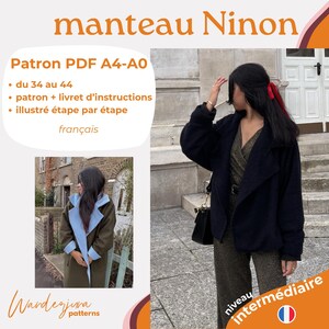 Peut inclure: Patron PDF pour un manteau noir avec une longue ligne d'ourlet asymétrique. Le patron est pour les tailles 34 à 44 et comprend des instructions en français. Le patron est illustré étape par étape. Le patron s'appelle "manteau Ninon".