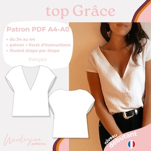 Peut inclure: Patron de couture numérique pour un haut blanc avec un décolleté en V profond et des manches courtes. Le patron est disponible dans les tailles 34 à 44 et comprend des instructions en français. Le patron s'appelle "top Grâce" et est destiné aux débutants.