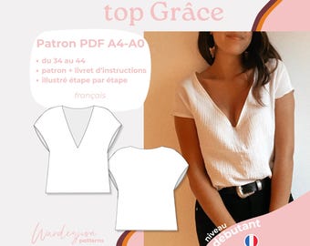 top Grace - PDF pattern A4 A0 sizes / sizes 32 - 50 French & English, tee shirt sewing pattern