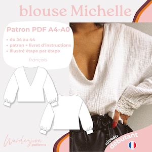 Puede incluir: Un patrón de descarga digital para una blusa blanca con cuello en V profundo y mangas largas. El patrón está disponible en tallas 34 a 44 e incluye instrucciones en francés. El patrón está ilustrado paso a paso. El patrón es para un costurero principiante.